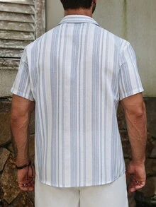 VENTUSAIL 男士條紋拼接休閒百搭日常旅行襯衫 - 藍色 - 查看 2