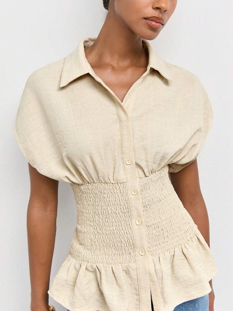 SHEIN Maija Women's Solid Color Pleated Casual Versatile Everyday Outing Shirt,Going Out Outfits,Summer Holiday Outfits