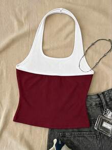 Atasan Halter Neck Panjang Kasual Warna Merah Tua untuk Remaja Perempuan, Atasan Tanpa Lengan Pas Badan Cocok untuk Musim Panas - Putih - View 3