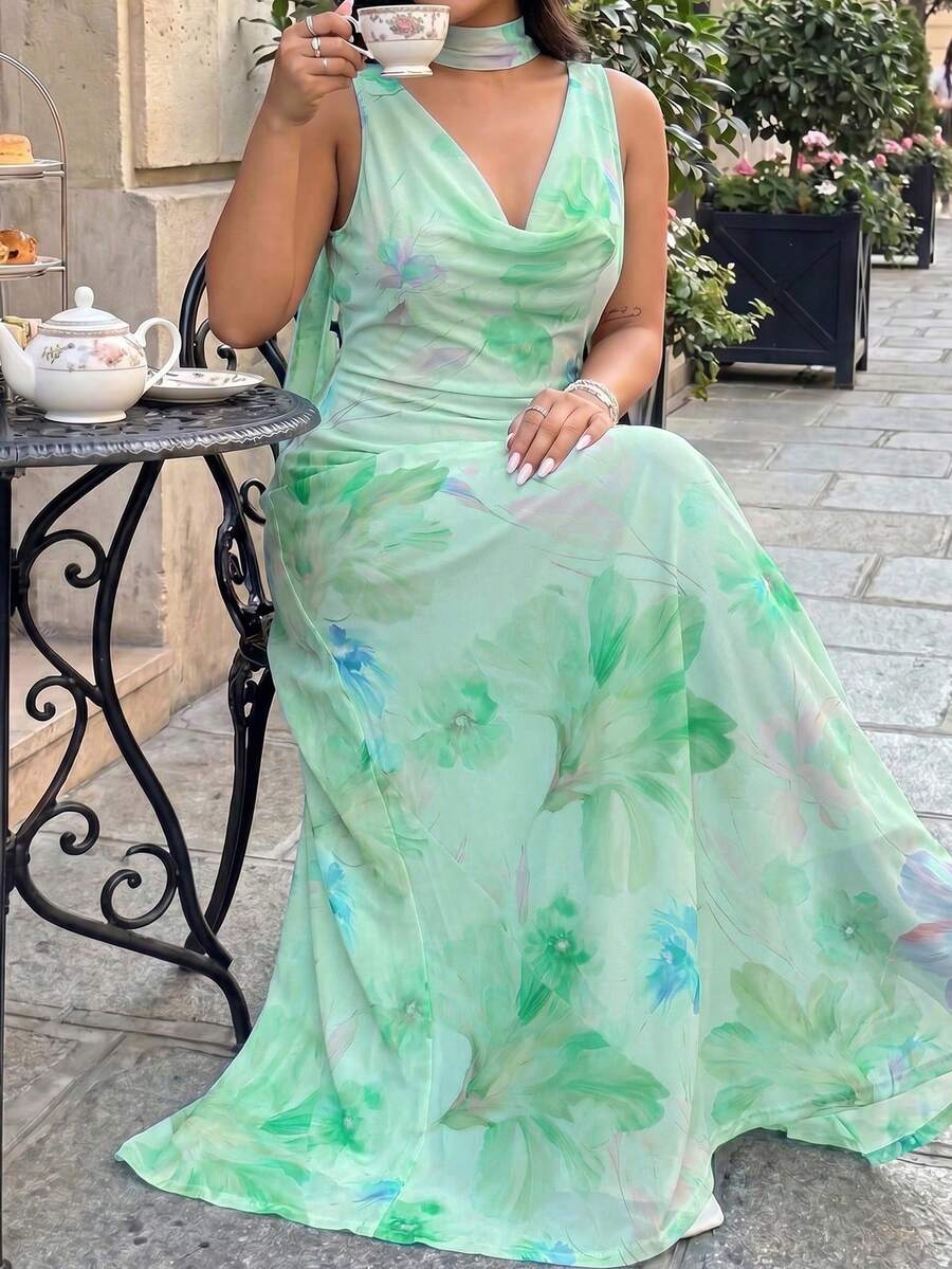 GalTyme Light Green Floral Print Ruffle Neck Sleeveless Plus Size Dress Vacation Summer Elegant - Multicolor - View 1