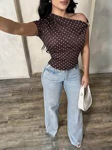 SHEIN SXY 女款夏季性感優雅極簡棕色不對稱單肩露肩上衣，休閒百搭襯衫 - 咖啡棕 - 查看 5