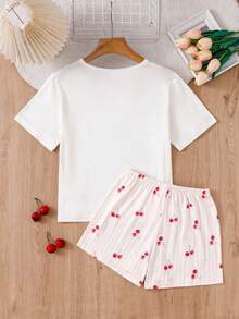 Casual Pullover Set For 10-Year-Old Girls, Apricot Base Color With Cute Puppy Print Pattern, Short Sleeve And Shorts, Home Wear Summer Set - Apricot - View 2
