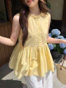 DAZY Women's Wood Ear Trim Round Neck Button Half Placket Casual Sleeveless Shirt - Yellow - View 10