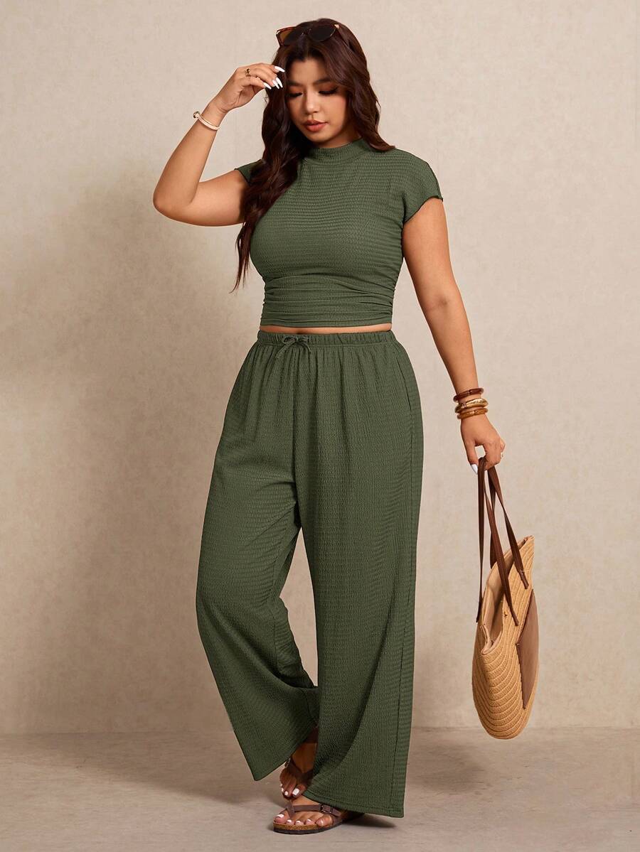 Elaquor Damen Große Größen Einfarbiges Stehkragen Kurzarm T-Shirt und Hose Lässig 2-teiliges Set - Armeegrün - Übersicht 1