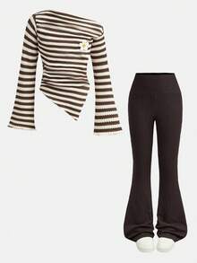 Firerie Kids Conjunto de 2 piezas para niña preadolescente con top de punto ajustado de manga larga con rayas color café y pantalones acampanados, adecuado para el hogar y exteriores, viajes al aeropuerto, uso diario casual - Multicolor - Ver 3