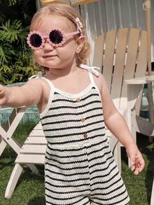 Cozy Pixies Baby Girl Toddler Girl Contrast Color Striped Pattern Knit Soft Suspender Romper Shorts - Black and White - View 5
