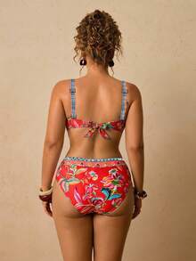 Travachic Plus Size Women's Summer Beach Vacation Floral Print Backless Tie-Front Bikini Set Set Bathing Suits For Women - Multicolor - View 3