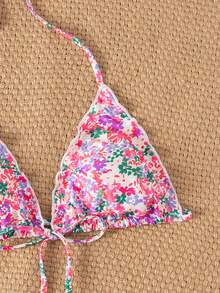 Swim Mod 女款夏季新款海灘泳裝度假風甜美可愛荷葉邊繫帶三角網格花卉布料性感露背比基尼上衣 - 彩色 - 查看 6
