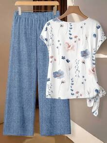 SHEIN Clasi Women's Round Neck Floral Print Top And Pants Casual Everyday 2 Pieces Set - Multicolor - View 2