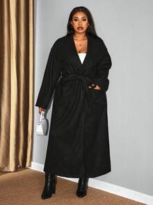 Hourglow Plus Size Women's Casual Solid Color Long Sleeve Wool Overcoats In Fall/Winter - Black - View 6
