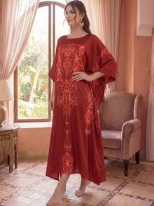 Jahmira 奢華紅色巴洛克印花長款罩衫，蝙蝠袖寬鬆伊斯蘭長袍，女款居家休閒洋裝 - 酒紅色 - 查看 4