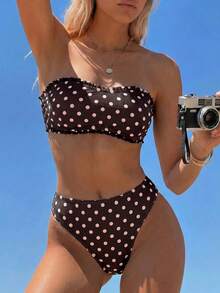 Swim Mod Women's Pink Plaid Cute Girl Ruffle Tie-Up Bandeau Bikini Set - Brown - View 4