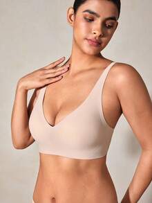 Veilyse Women's Seamless V-Neck Gel Push-Up Bra, Removable Pads & Racerback Design - Comfortable Wireless Structure, Breathable Lingerie, V-Neck, Elastic Underwear, Suitable For Daily Wear, All Seasons, Work, Yoga - Apricot - View 7