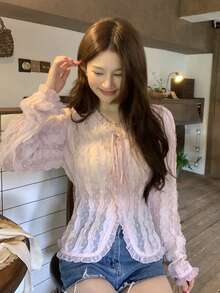 DAZY 女款長袖素色紋理韓風春夏上衣 - 粉色 - 查看 7
