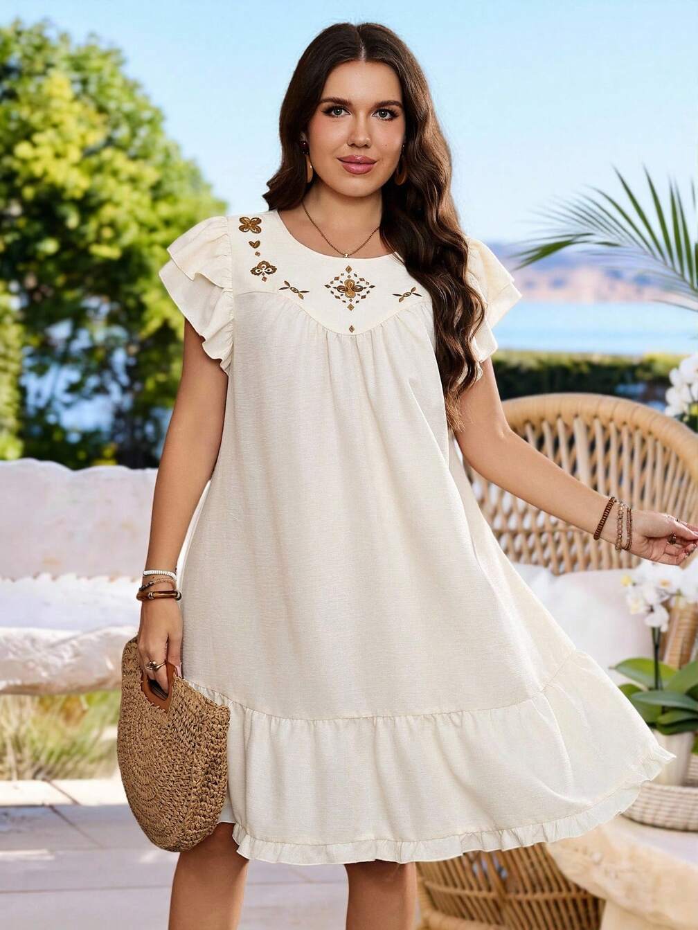 summer women s embroidered beach dress Seaside Cutier Cross Back Mint / 4/5 and beautiful hollow Plus Size Women's Flutter Sleeve