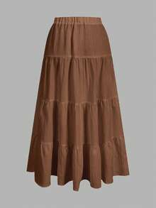 SHEIN Tall CURVE CURVE Plus Size Women's Brown Drawstring Waist Skirt, High-Waisted Boho Smart Casual Long Skirt,Autumn Picnic Vacation Fall - Brown - View 4