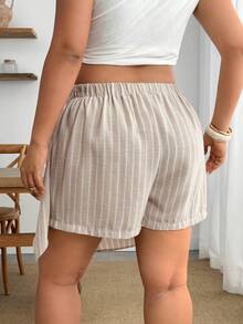 Enliva Quần short quấn kẻ sọc casual đi du lịch size lớn - Màu be - Xem 2
