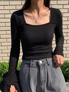 DAZY 女款純色方領長袖羅紋休閒T恤 夏季 - 黑色 - 查看 2