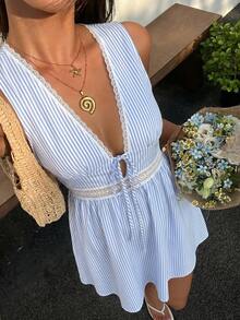 SHEIN EZwear 女款蕾絲飾邊深V領條紋百褶休閒派對洋裝 - 藍色 - 查看 3