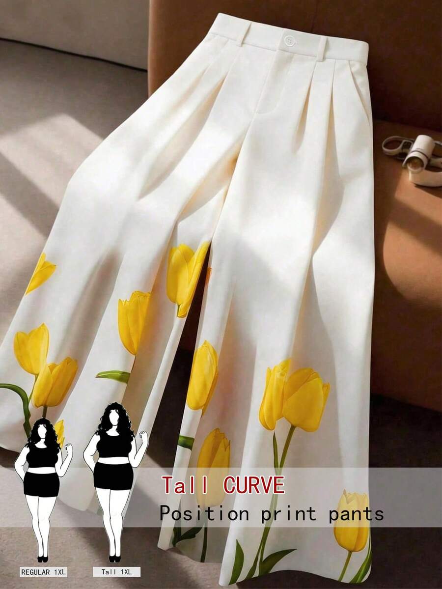 SHEIN Tall CURVE Plus Size Best-Selling Elegant Floral Print Contrast Color Trousers, Back Elastic Waist Suit Pants Style Design, Suitable For Daily Commute, Outings, Vacation, Party And Travel Wear Long Pants - Multicolor - View 1