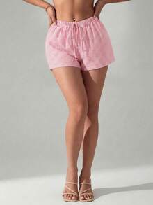 SHEIN PETITE 女款條紋低腰短褲，適合夏季度假海灘，小碼女款 - 藕粉色 - 查看 8