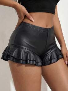 SHEIN SXY 大尺碼女款彈性腰 PU 皮革休閒百搭日常短褲 - 黑色 - 查看 7