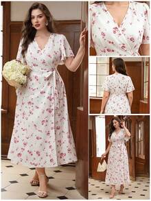 SHEIN Clasi Summer V-Neck Floral Wrap Dress With Pink Roses On White Background, Plus Size - Multicolor - View 4
