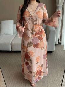 Feyla 大尺碼優雅花卉印花長袖上衣與洋裝兩件組 - 彩色 - 查看 6