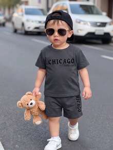 SHEIN 2pcs/Set Baby Boy Casual English Element Print Round Neck Short Sleeve T-Shirt And Printed Shorts Set, Suitable For Outings In Summer - Black - View 3