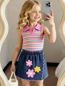 SHEIN Playful Pals 2件組少女夏季彩虹條紋紋理針織POLO領拼接背心上衣與牛仔裙褲，花卉刺繡，復古陽光可愛套裝 - 粉色 - 查看 12