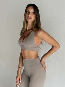 Aloruh Solid Color Backless Halter Neck Ultra Short Sports Tank Top - Grey - View 4