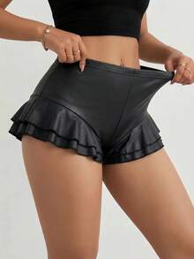 SHEIN SXY 大尺碼女款彈性腰 PU 皮革休閒百搭日常短褲 - 黑色 - 查看 3