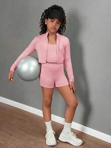 SHEIN Girlism 少女长袖翻领拉链T恤、背心和紧身裤三件套运动套装 - 粉色 - 查看 5