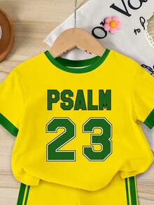 女嬰美式休閒運動風兩件套，黃綠配色拼色復古風。上衣PSALM23字母印花，短褲側面同色條紋，清新親膚不悶熱，適合日常上學、出遊、派對，亦可單獨混搭打造多元造型。 - 彩色 - 查看 4