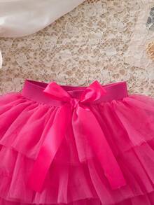 SHEIN Young Girl Mesh Overlay Layer Hem Belted Skirt - Hot Pink - View 4