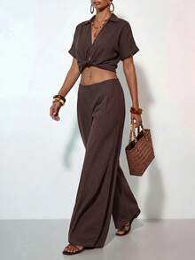 Zivah Women's Vacation Casual Solid Color Twist Front Cropped Top And Long Pants 2pcs Set Beach Coffee Brown Summer - Rust Brown - View 2