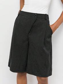 Maija Women's Waist Button Design Striped Pocket Casual Knee-Length Pants - Grey - View 8