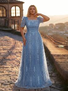 Glamrae Plus Size Elegant Romantic Champagne Square Neck Short Sleeve Sheer Rhinestone & Pearl Embellished A-Line Evening Gown For Wedding Party Celebration Formal Occasion Event (Heavy Work Design) - Dusty Blue - View 7