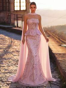 Glamrae Elegant Luxurious 3D Floral Beaded Sequin Lace Sexy Strapless Mermaid Gown For Wedding Events, Bachelorette Parties, Vacations, Holiday Evening Parties (Heavy Embellishment Style) - Pink - View 6