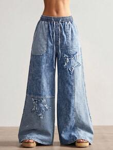 Bohemela Lässige einfarbige gewebte Denim-Langhose mit lockerer Passform für Damen - Dunkle Waschung - Übersicht 1