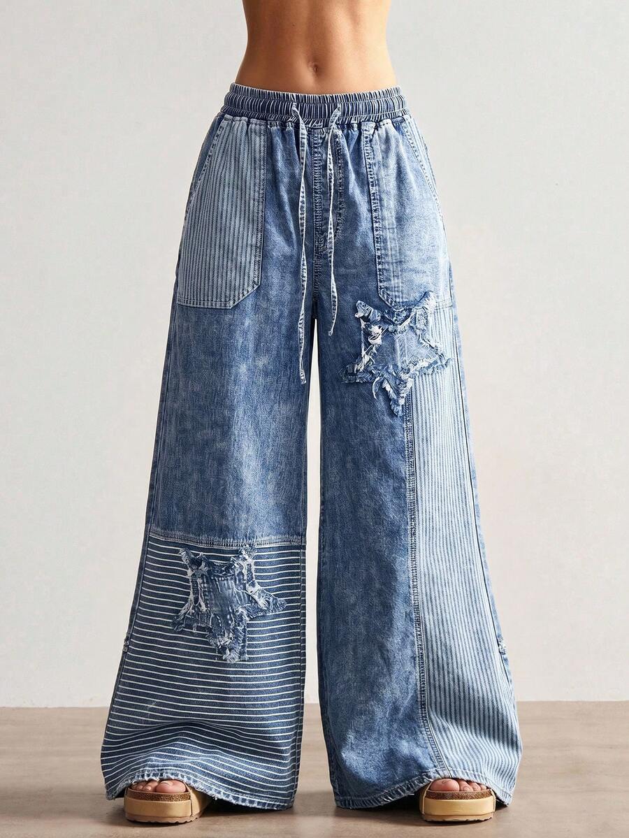 Bohemela Lässige einfarbige gewebte Denim-Langhose mit lockerer Passform für Damen - Dunkle Waschung - Übersicht 1