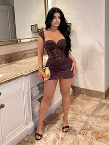 SHEIN SXY Sexy Lace Patchwork Bustier Dress - Brown - View 5