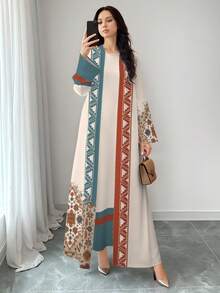 SHEIN Najma 复古印花优雅波西米亚风女装，春夏时尚圆领长款连衣裙及开衫两件套，阿拉伯风格 - 彩色 - 查看 3