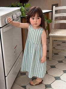DAZY 女嬰條紋圓領休閒無袖洋裝 夏季幼兒 - 藍色 - 查看 6