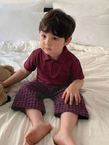 Hapijoa 嬰幼兒(男童)圓領短袖T恤與格紋長褲套裝居家服 - 酒紅色 - 查看 3