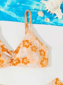 SHEIN 青少年女孩海灘度假花卉印花泳衣套裝附外罩裙 - 橘色 - 查看 4