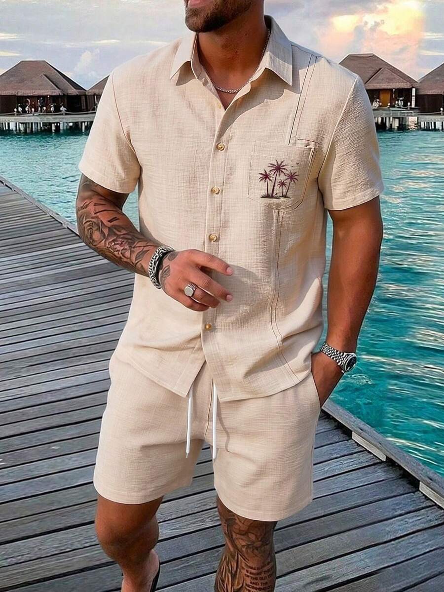 NEOREFINED 男士夏季休闲沙滩度假热带棕榈树刺绣拼接口袋短袖衬衫短裤套装 - 卡其色 - 查看 1