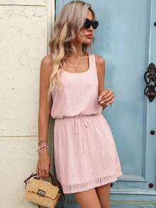 SHEIN LUNE Women's Casual Textured Summer Vacation Commute Daily Basic Fashion Outing Outfit Sleeveless Short Dress - Baby Pink - View 5