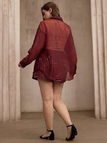 Flouryn Plus Size Elegant Commuter Solid Color Sheer Blouse & Floral Print Shorts 2-Piece Set Fall - Coffee Brown - View 2