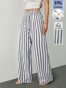 SHEIN Tall 女款黑白條紋編織寬腿休閒沙灘長褲，春夏款，適合高個女性 - 黑與白 - 查看 6